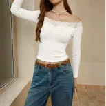Off Shoulder Lace Top Vintage Style Sweet Aesthetic Long Sleeve Short Length Perfect for Casual
