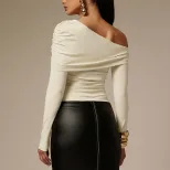 Asymmetrical One Shoulder Long Sleeve T Shirt for Women Slim Fit Ruffled Design Elegant Style Pe