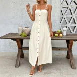 French Style Vacation Split Hem Dress Solid Color Adjustable Straps Comfortable Fit Perfect for