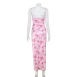 French Style Summer Maxi Dress Sexy Off Shoulder Floral Print Slim Fit Soft Pink Perfect for Par