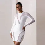 Elegant Womens Bodycon Dress Sheer Mesh Panel Long Sleeve Slim Fit Fashionable Perfect for Parti