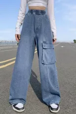 欧洲站2023春秋高腰直筒阔腿工装牛仔裤女百搭显瘦大码宽松直筒裤