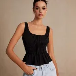 Sweet Ruffled Hem Drawstring Cami Top Square Neck Slim Fit Backless Flowy Design Casual Summer W