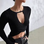 Womens Long Sleeve Cropped Top Hollow Out Design Ribbed Fabric Sexy Style Perfect for Fall Fashi