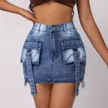 Casual Denim Skirt Stylish Workwear Design Large Pockets Decorative Straps Versatile for Everyda