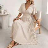 Casual Solid Color V Neck Pleated Maxi Dress Elegant Design Comfortable Fit Versatile Style Whol