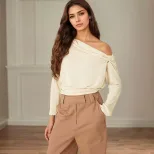Womens Short Sleeve One Shoulder Top Elegant Design Ruffled Waist Perfect for Spring Summer Idea