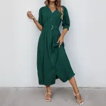 Summer Shirt Dress V Neck Tie Waist Mid Sleeve Green Casual Wear for Women Wholesale Available