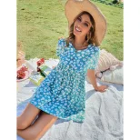 High Waist V Neck Floral Print Puff Sleeve Dress Casual Vacation Style Available in Multiple Siz