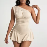 Elegant Womens Dress Asymmetrical Neckline High Waist Flared Hem Spring Summer Fashion Wholesale