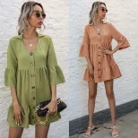Loose Fit Solid Color Doll Dress Short Sleeve Lapel Design Casual Style Perfect for Spring and S