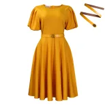 Elegant A Line Dress with Puff Sleeves Round Neck Waist Defined Flowy Skirt Perfect for Parties