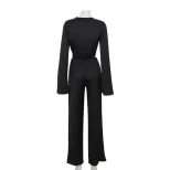 Fashionable Long Sleeve Tie Front Crop Top and Hollow Out Split Leg Pants Set Street Style Whole