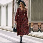 Red Floral Long Sleeve Maxi Dress Elegant Design Autumn Spring Fashion Perfect for Casual or For