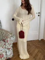 Two Piece Set Hollow Knit Skirt and Long Sleeve Top French Vacation Style Cotton Casual Ready to