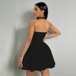 Y2K Style Womens A Line Mini Dress Halter Neck Backless Waist Cinching Flared Skirt Perfect for