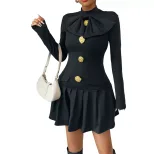 Elegant Sweetheart Bow Tie Buttoned High Neck Long Sleeve Dress Autumn Fashion Wholesale Availab