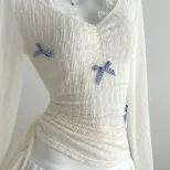 Lace Bow Tie Neck Long Sleeve T Shirt Slim Fit Elegant Design Comfortable Fabric Perfect for Cas