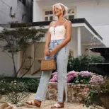 Casual Straight Leg Denim Jeans High Split Design European and American Style Comfortable Fit Wh