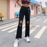Womens Casual Ripped Denim Pants Trendy Chain Detail Stylish Fit Comfortable Fabric Perfect for