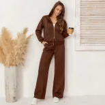 Womens Black Casual Tracksuit Slim Fit Fleece Lined Hooded Double Zipper Long Pants Autumn Winte