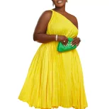 Plus Size Womens Dress Summer Collection Asymmetrical Shoulder Pleated Design Solid Color Elegan