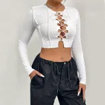 Womens Hollow Out Tie Front Crop Top Round Neck Ribbed Fabric Long Sleeve Versatile Style Autumn