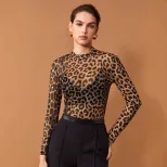 Womens Sheer Long Sleeve T Shirt Leopard Print Round Neck Lightweight Fabric Summer Fashion Whol
