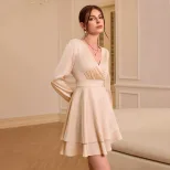 Elegant Satin Dress V Neck Lantern Sleeves Slim Fit Autumn Winter Fashion Wholesale Available
