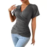 Knit Deep V Neck Top Slimming Waist Ruched Design Sexy Casual Wear for Women Wholesale Available