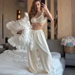French Style Womens Satin Camisole and Pants Set Soft Peach Color Ruffle Trim Comfortable Fabric