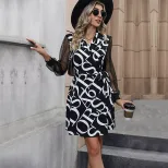 Womens Autumn Dress Mesh Panel Floral Print Elegant Silhouette Perfect for Parties or Casual Wea