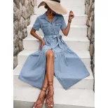 Elegant V Neck Denim Dress Womens Fashion European and American Style Chic Design Perfect for Ca
