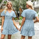 Floral Print Summer Dress Blue V Neck Short Sleeve Loose Fit Pleated Casual Wear Wholesale Avail