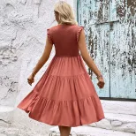 Summer Casual Ruffle Bodycon Dress in Solid Color for Vacation Available in Redwood Wholesale Sizes S to XL
