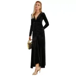 Elegant Black Velvet Long Dress Deep V Neck Side Waist Pleats Fitted Mermaid Hem Spring Summer E