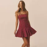Summer Womens Dress Burgundy Polka Dot Floral Print Ruffled Hem Fitted Waist Wholesale Available