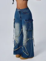 Vintage Star Print Denim Cargo Pants for Women Retro Style Casual Fit Versatile Wear Wholesale A