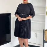 Elegant Womens African Dress Round Neck Three Quarter Sleeve Pleated Design Perfect for Parties