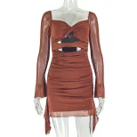 Sexy Hollow Out Bodycon Dress Long Sleeve U Neck Solid Color Fashionable for Parties and Events