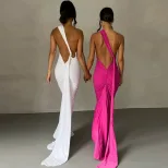 Backless Halter Dress Fitted Pleated Floor Length Elegant Design Evening Party or Formal Occasio
