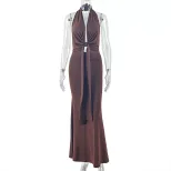 Fashionable Backless Halter Maxi Dress Loose Fit Ruched Design Comfortable Fabric Casual Home We
