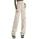 High Waisted Straight Leg Work Pants Loose Fit Wide Leg Large Pockets Casual Denim Trousers for