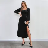 Velvet Long Sleeve Dress Sexy Split Design Waist Cinching Square Neck Puff Sleeves Evening Party