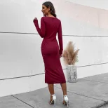 A Line Dress Slim Fit Drawstring Split Design Long Sleeve Square Neck Spring Summer Fashion Whol