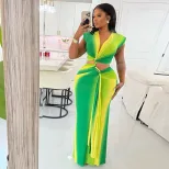 Color Block Hollow Out Bodycon Dress Gradient V Neck Long Sleeve Trendy Style Perfect for Street