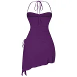 Halter Neck Ruched Bodycon Dress Side Slit Irregular Hem Slim Fit Night Out Party Wear Wholesale