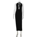 Elegant Deep V Neck Halter Backless Maxi Dress Sexy Fashionable Red Carpet Style Perfect for Nig