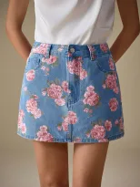 Floral Print Denim Mini Skirt Casual Style Versatile Design Fashionable Rose Pattern Perfect for