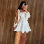 Solid Color Square Neck Off Shoulder Dress Hollowed Long Sleeves Waist Cinching A Line Silhouett